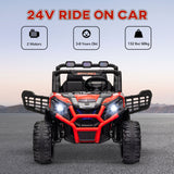 2 Seater 24V Kids Electric Car w/ Remote Control, 3 Speed, LED Lights, Music, Horn, Spring Suspension, Slow Start, Red