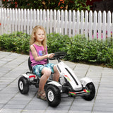 Childrens White Go Kart Pedal Ride-On Toy with Adjustable Seat Sharp Handling Handbrake Non-Slip Rubber Wheels