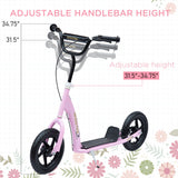 HOMCOM Adjustable Height Kick Scooter for Kids 5-12, Non-Slip Footplate, Big Wheels, Rear Brake, Pink