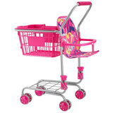 Shopping Cart for Kids, Sturdy Metal Frame, Toy Shopping Cart with Baby Doll, 4 Rolling Wheels, Doll Seat Carrier, Grocery Pretend Play Toy Trolley, Folds for Easy Storage, for Toddlers Ages 3+