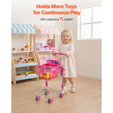 Shopping Cart for Kids, Sturdy Metal Frame, Toy Shopping Cart with Baby Doll, 4 Rolling Wheels, Doll Seat Carrier, Grocery Pretend Play Toy Trolley, Folds for Easy Storage, for Toddlers Ages 3+