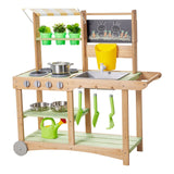 Mud Kitchen, Outdoor Mud Kitchen for Kids, Wood Outdoor Play Kitchens with Spoons, Sink, Sunshade Canopy, Swivel Wheels, Cookware Pots and Accessories, Wooden Play Kitchens for Home, Lawn