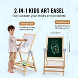 Art Easel for Kids, 2-in-1 Wooden Double-Sided Kid's Art Easel with Magnetic Whiteboard & Chalkboard, Adjustable Standing Rotatable Foldable Drawing Board with Painting Accessories for Boy Girl