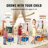 Art Easel for Kids, 3-in-1 Wooden Double-Sided Kid's Art Easel with Magnetic Whiteboard, Chalkboard, Paper Roll, Adjustable Standing Drawing Board with Painting Accessories, Storage for Boy Girl