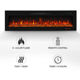 Electric Fireplace in-Wall Recessed and Wall Mounted 750/1500W Fireplace Heater with Touch Screen/Timer/Multicolor Flames/Remote Control (Black)------only pick-up