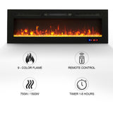 Electric Fireplace in-Wall Recessed and Wall Mounted 750/1500W Fireplace Heater with Touch Screen/Timer/Multicolor Flames/Remote Control (Black)------only pick-up